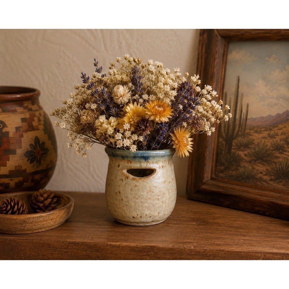 Studio Pottery‎ Mini Bud Flower Vase Stoneware Vessel Blue Rim Quirky Boho